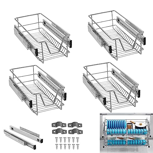 YRHome 4 Stück Küchenschublade Küchen Regal Teleskopschublade Schlafzimmerschublade Schrankauszug Organizer Küchenschrank Korbauszug Vollauszug Schublade für 30cm Schränke(für 27cm InnenB/30cm AußenB
