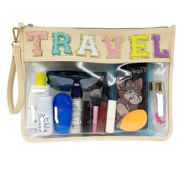 Image of Chenille Letter Clear Bag Purse Multi-purpose Transparent Waterproof Snacks Makeup Tote Bag with Wrist Strap