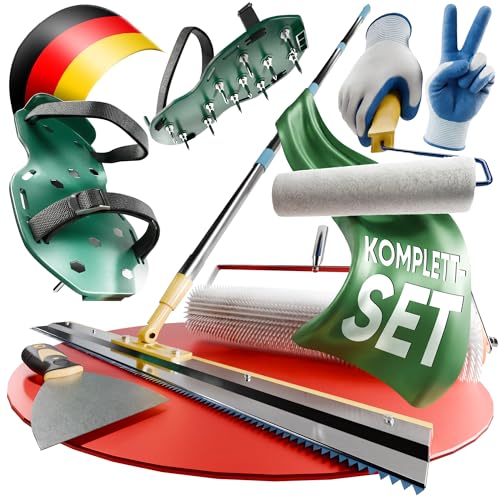 EVAFLOOR Bodenbeschichtung Entlüftungsroller Set | Enthält Stachelwalze Ausgleichsmasse 11 mm, Rakel Ausgleichsmasse, Nagelschuhe, Teleskopstange, Farbroller, Spachtel und Handschuhe