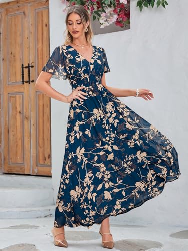 Image of Simplee Women's Boho Floral Maxi Dress Flowy Casual V Neck Short Sleeve Wedding Guest Holiday Beach Long Dress