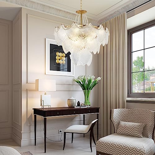 OYEIL Modern Crystal Chandelier 24" French Seashell Shape Pendant Lighting Golden Vintage Flush Mount Ceiling Light Fixture for Living Room Dining Room Bedroom - Image 2