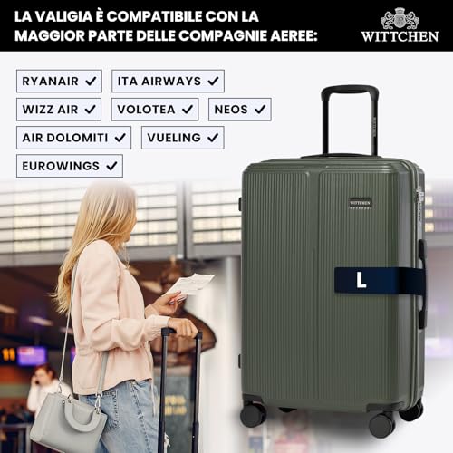 Wittchen Stripes Line Valigia Media (L) | 67,5 × 45 × 27 Cm (65 L), Abs Rigido, 4 Ruote 360° E Lucchetto Combinazione | Trolley Da Viaggio Formato L, Ryanair/Ita Airways - Colore: Kaki - 5