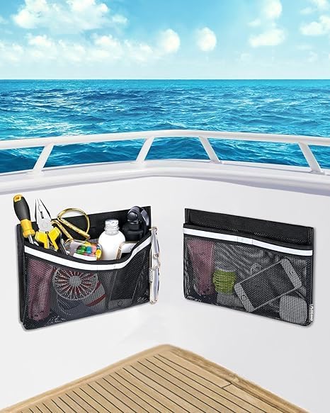 Closable PVC Reflective Self-Adhesive Boat Caddy Organizer Mesh Bag | 2 Pack, Universal Fit, Self-Adhesive, Reflective Design, Closable Opening