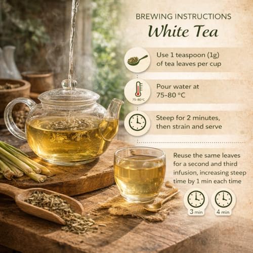 Image of Sancha Tea Boutique Lemongrass White Tea (75X3 Cups), Pure Tea Buds Blended With Real Lemongrass, World Healthiest Tea, Relaxing & De-Stress Tea, Silver Needles White Tea