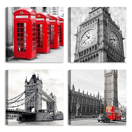 Set di 4 Quadri 30x30 cm - Stampa su Tela con Telaio in Legno - Londra in Bianco e Nero Cabine Telefoniche, Big Ben, Tower Bridge, Autobus