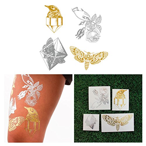 Tattify Metallic Hand Drawn Nature Temporary Tattoos - Pearlescent (Set of 8) and Fashionable Silver and Gold Removable Fake Temporary Tattoos