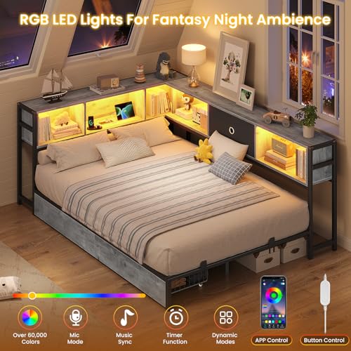 Image of Hasuit Full Corner Bed Frame with Storage Drawers and Bookcase Headboard, Full Size Metal Platform Corner Bed Frame with Charging Station and LED Lights, Full Daybed for Kids Teens Guests, Oak Gray