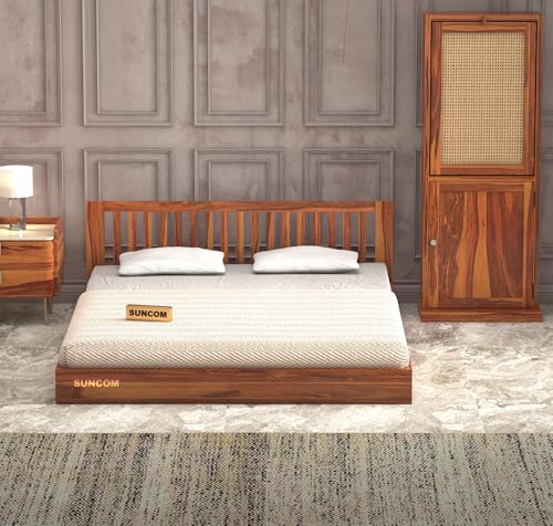 Image of SUNCOM Wooden Low Height King Size Bed Without Storage - Wooden Platform Double Bed - Space Saving Low Floor /Lying /Rise /Level /Profile Cot Bed for Bedroom - Basic Headboard (Honey Finish)