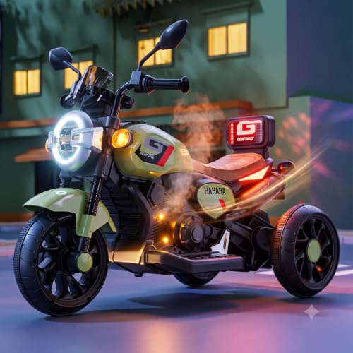 Image of Srecap Ride Xtreme Electric Bike for Kids | 6V Battery, MP3 Player, USB, Bluetooth, LED Lights & Foot Accelerator | Battery-Operated Ride-On Bike with Backrest for Boys & Girls Aged 1-4 Years (Green)