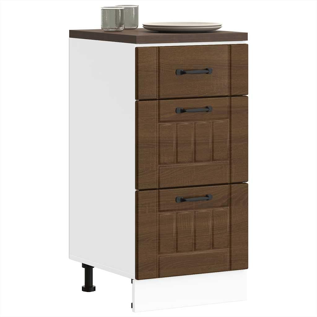 Küchen-Unterschrank Lucca Braun Eichen-Optik aus Holzwerkstoff, 40 x 46 x 81,5 cm, 2 Schubladen, verstellbare Füße, Stauraum für Schüssel, Teller, Töpfe und Küchenzubehör