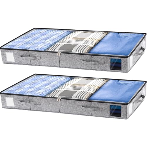 combocube 2 Pack Under Bed Storage Containers, 4.5″ Low Profile Underbed Storage Bins with Sturdy Support, Stackable Space Saving Organizer with 4 Handles & Label Windows for Shoes Clothes Blankets