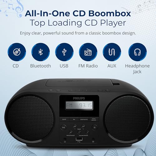 image for Philips Portable CD Player Boombox with Bluetooth, FM Radio, Dynamic B