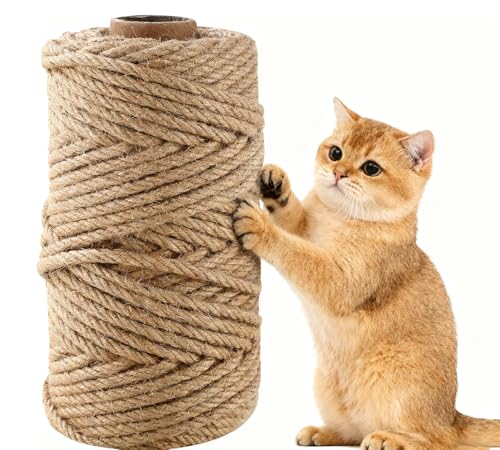 50M Sisal Rope for Cat Scratchers, 6mm Thick Sisal Ropes, Cats Scratch Post Repair Ropes Natural Jute Ropes Hemp Ropes for Cats, Ideal for Replace Scratching Post, Repair Cat Tree, DIY Projects