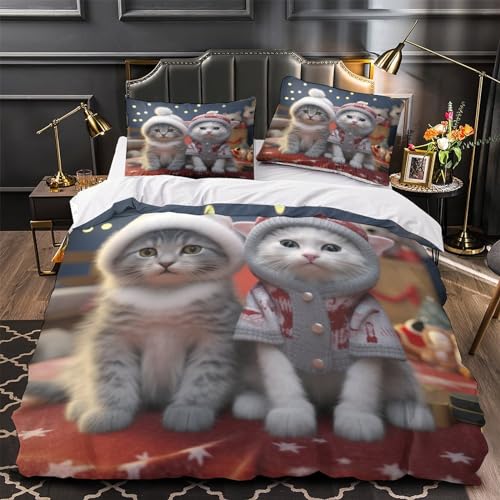 Housse de couette chat 3D anti-plis en microfibre pour lit double 200x200cm