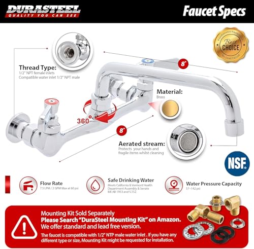 DuraSteel Commercial Sink Faucet - NSF No Lead 8” Center Commercial Wall Mount Faucet Kitchen with 8 Inch Swivel Spout - Lever Handle - Industrial Restaurant Kitchen Utility Prep Sink Mounted Faucets by DuraSteel - Used condition - Image 5