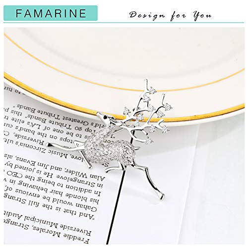 Famarine Cz Sika Deer Brooches For Women, Christmas Animals Brooch Pin Paved By Cubic Zirconia Crystals (Silver) #TOP3