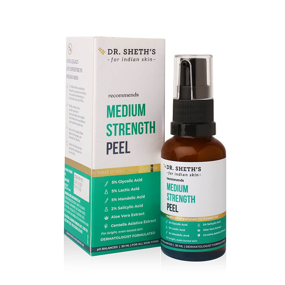 Dr. Sheth's Medium Strength Peel (Vegan) with 15% AHA + 2% BHA, Aloe Vera & Centella Extract for Deep Exfoliation, Pore Cleansing & Glowing Skin, For All Skin Types, 30ml