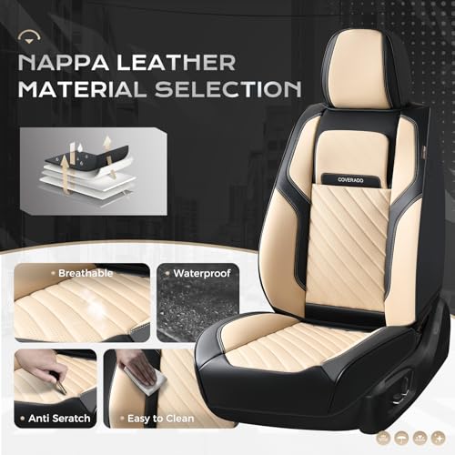 Image of Coverado Car Seat Covers Front Set, Luxury Nappa Leather Seat Covers Universal Fit Waterproof Non-Slip Breathable Automotive Seat Protectors for Cars, SUVs, Trucks