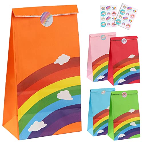 20 Pcs Sachet Bonbons Anniversaire Sac Bonbon Arc en Ciel avec 20 Autocollants Pochette Anniversaire Enfant Coloré Sac Papier Cadeau 24X13X8 cm pour Mariage Noël Fête Chocolats Biscuit,5 Couleurs Cover