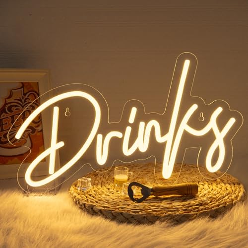 Image of Looklight Drinks Neon Sign,Letters Bar Neon Light,Led Neon Signs for Wall Decor,Warm White Neon Light Sign,USB Light Up Sign for Kitchen Restaurant Bar Cart Accessories Christmas