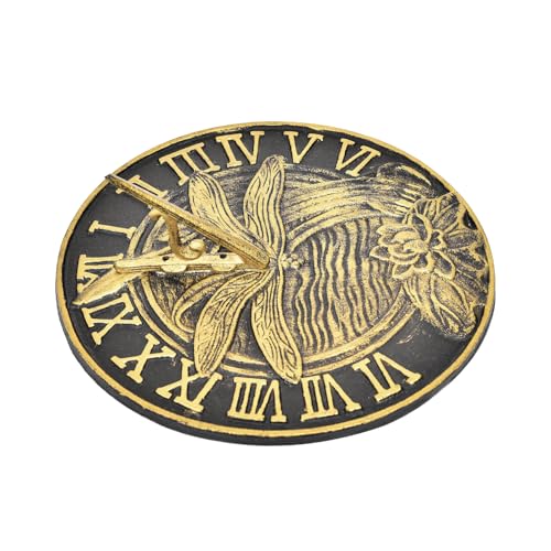 Sungmor Cadran solaire libellule en fonte, 25,4 cm de diamètre, cadran vintage en forme de libellule et de lotus, finition vert-de-gris avec reflets dorés, horloge décorative extérieure, jolie