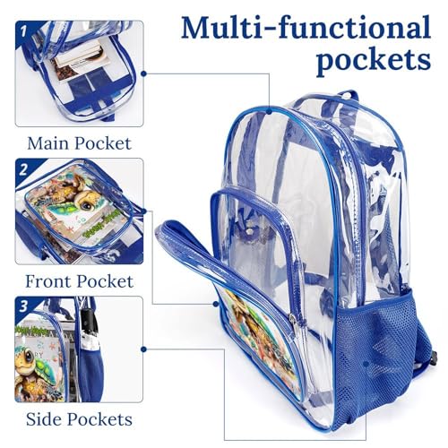 Custom Turtle Clear Backpack Heavy Duty for Girls Kids Boys Women Men - Large Cute PVC Sea Turtles Theme Printing Transparent Backpacks for Schools Stadium Concerts Work - Clear/Blue4