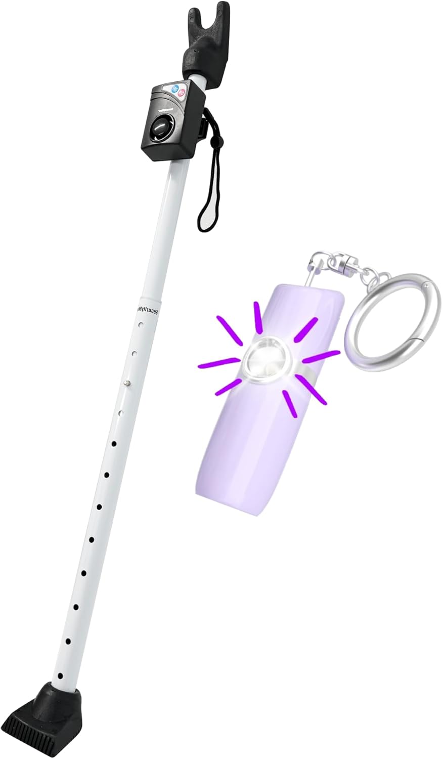 SecurityMan Door Security Bar with 120dB Alarm & Personal Safety Keychain Alarm (Purple) – Adjustable Door Jammer Stick & 130dB SOS Siren for Home and Personal Safety