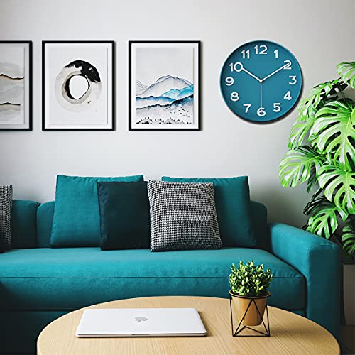 Image of HZDHCLH 12 inch Blue Wall Clocks Battery Operated,Small Silent Non Ticking Modern Wall Clock for Living Room Bedroom Kitchen Office Classroom Decor (Peacock Blue)