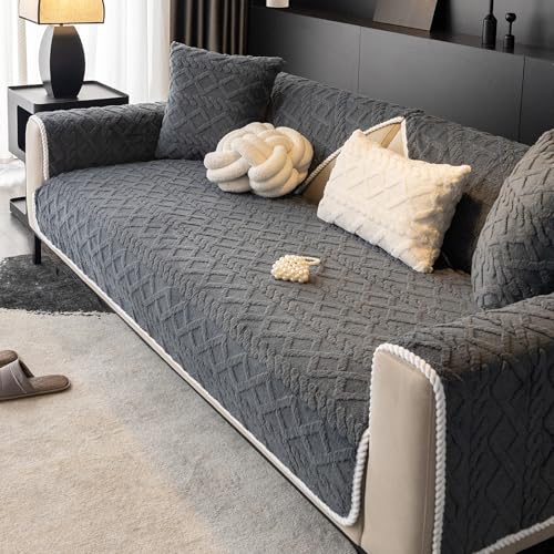 tianxinbaobei Geometric Jacquard Plush Sofa Cover,Non Slip Sectional Couch Cover,Warm Faux Fur Couch Cover(Dark Grey,36