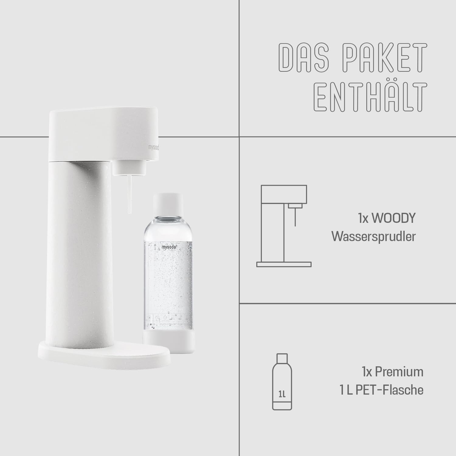 Mysoda: Woody Wassersprudler aus erneuerbarem Holzkomposit mit 1L Quick-Lock BPA-freier Plastikflasche (ohne CO2-Zylinder) - Weiß