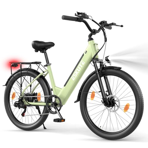 ESKUTE C100 Plus E-Bike, 26 Zoll Elektrofahrrad, E-Cityrad 250W HeckMotor, 36V 13Ah Wechselakku,bis zu 100km, LCD-Display, Tiefeinsteiger E-CityBike Für Damen und Herren Erwachsene, Grün