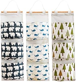 MERYSAN 3Pcs Wall Closet Hanging Storage Bag, Waterproof over the Door Linen Fabric Organizer, Stylish Hanging Storage Pouches with 3 Pockets for Bedroom Bathroom (Blue/White/Green)