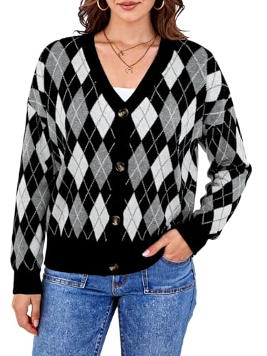 Cardigans for Women Black White Argyle Patterned Open Front Sweaters Loose Fit Fashion Trendy Sweater Outwear Medium