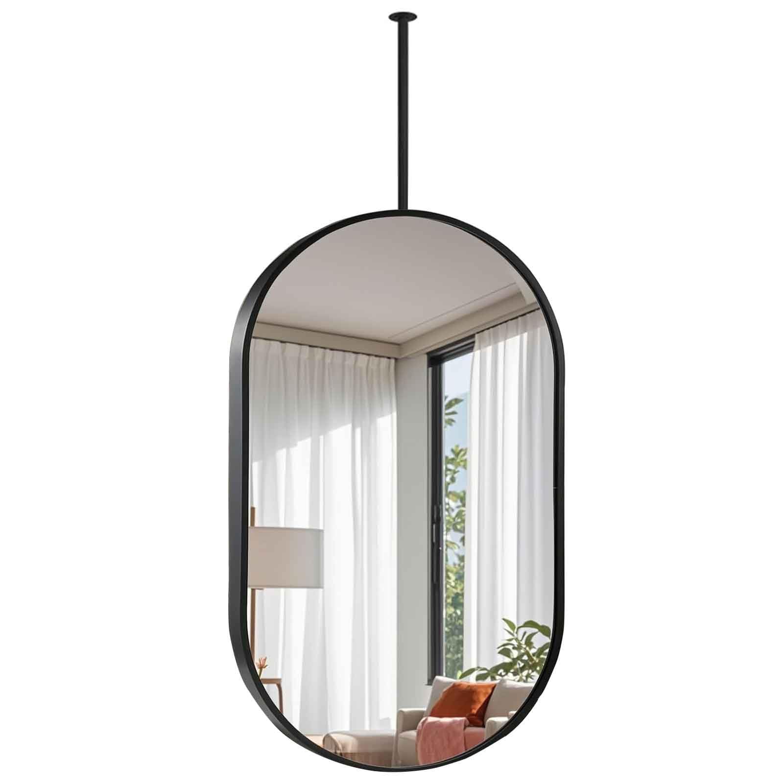 MESOVFCA Oval Ceiling Hanging Mirror Black Decor Hanging Rod Ceiling Mount Mirrors for Living Room Bedroom Cloakroom Metal Glass HD Mirror(50cmx80cm)