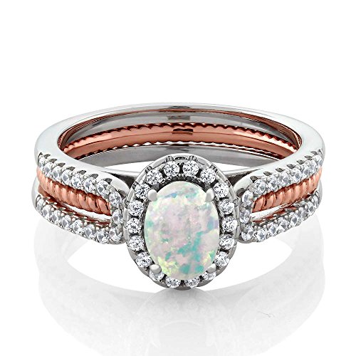 Gem Stone King 925 2-Tone Sterling Silver Simulated Opal Wedding Band Insert Engagement Ring 1.25 Ctw (Size 5)
