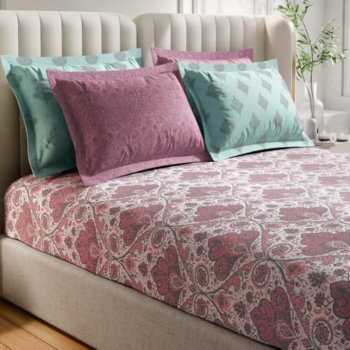 Image of Wakefit Premium 100% Cotton 300 TC Flat Bedsheet with 4 Pillow Covers | King Size (104 x 104 inch) | Scarlet