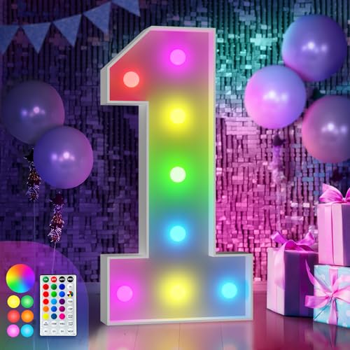 Image of Imprsv Colorful 3FT Marquee Numbers 1, 18 Colors Large Light up Numbers | RGB with Remote, Birthday Party Decorations Anniversary Wedding Decorations Assembly Required 19 Pcs Accessory Set