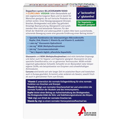 Doppelherz system GLUCOSAMIN 1000 + CURCUMA VEGAN – Vitamin C trägt zur normalen Kollagenbildung für die normale Knorpel- und Knochenfunktion bei – 120 Kapseln