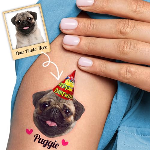 Image of Custom Dog Face Temporary Tattoos, Set of 20 | Personalized Pre-Cut Photo, Birthday Hat & Dog Name or Text, Funny Party Favors, Dog Lovers Gifts