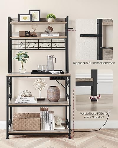 VASAGLE Küchenregal, Standregal mit Steckdosen, Mikrowellen-Regal, mit Gitterplatte, 14 Haken, 40 x 80 x 170 cm, Greige-schwarz KKS025B02EU