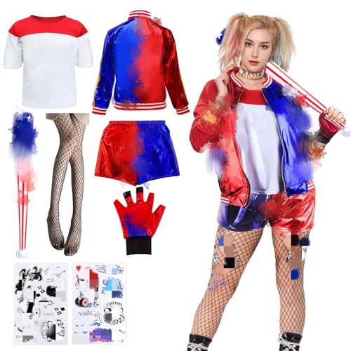 Costumes Women Halloween- Villain Fancy Dress Harley Costume Outfit Ladies Carnival Cosplay Costume Kit with Jacket T-Shirt Shorts Gloves Tattoo Baseball Bat Theme Party for Adults Girls XL