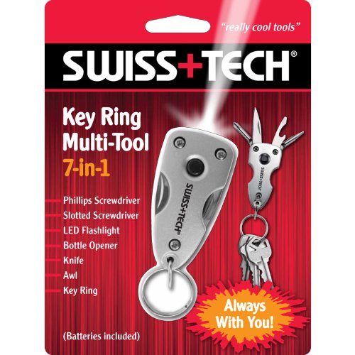 Swiss+Tech ST60300 Silver 7-in-1 Key Ring Multitool with LED Flashlight for Auto Safety, Outdoors, Camping
