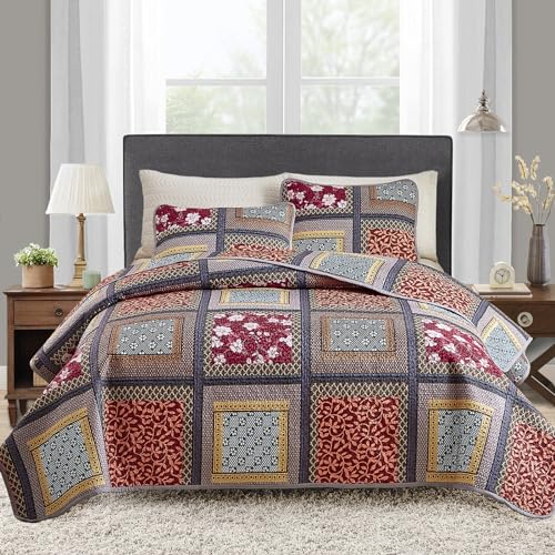 2 Pieces Patchwork Quilt Set Twin Size, Orange Red Floral Farmhouse Bedspread Coverlet Set, Soft Microfiber Reversible Lightweight Bed Cover for Kids (68