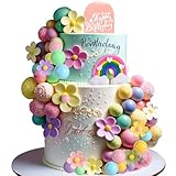 35 Pcs Daisy Flower Cake Toppers, Pastel Balls Acrylic Retro Hippie Boho Rainbow Cake Topper for Birthday Baby Shower Wedding Groovy Party Decorations Supplies