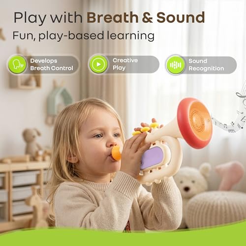 Image of R for Rabbit Orapple Funtunes Trumpet Musical Toys for Kids | Light & Sound Music with Smart Auto Shut Off | 3 Play Modes | Early Learning Music Toy for Toddlers Ages 1+ Ideal for Kids (Beige Multi)