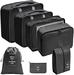 Kit Organizador de Malas para Viagem 7 Peças – Bolsas, Necessaire, Saco a Vácuo | Roupas, Sapatos, Maquiagem – Mala Organizada e Compacta – Ideal para Viagem e Bagagem de Mão (Preto)