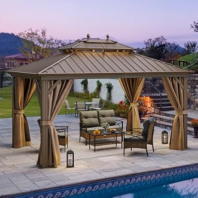 YITAHOME 10x12ft Hardtop Gazebo with Nettings and Curtains, Heavy Duty Double Roof Galvanized Steel Outdoor Combined of Horizontal Vertical Stripes Roof for Patio, Backyard, Deck, Lawn (Bronze)
