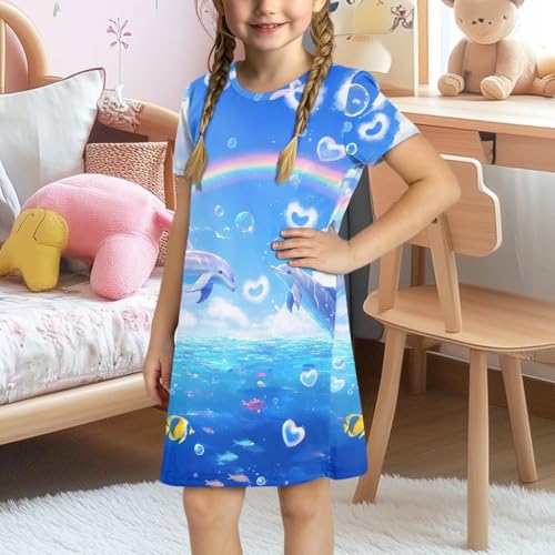 Girls Short Sleeve Swing Dresses Kids Cute Midi Skater Soft Summer Tshirt Dress with Pockets,3-14Y3