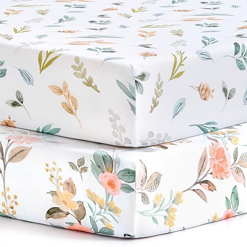 Image of Pack n Play Sheets, BROLEX 2 Pack Mini Crib Sheets,Stretchy Portable Fitted Playard Sheet Set, Convertible Playard Mattress Cover,Ultra Soft Breathable Material,Rose & Foliage