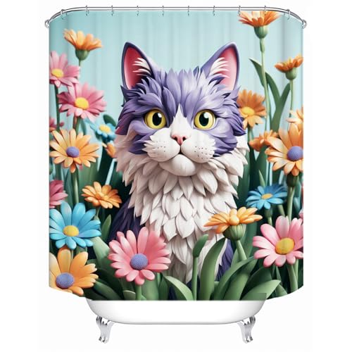 Image of LYFANS Bathroom with Purplish White Cat 3D Shower Curtains, Luxury Bathtub Standard Shower Curtain, Waterproof and Bright Fabric Shower Curtain Size (72x72 Inches)